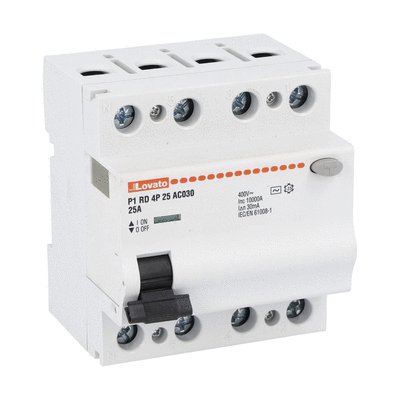 Lovato P1RD Residual Current Circuit Breaker, 25A, 4 Pole, 30mA, Type AC, 230 V ac, 400 V ac