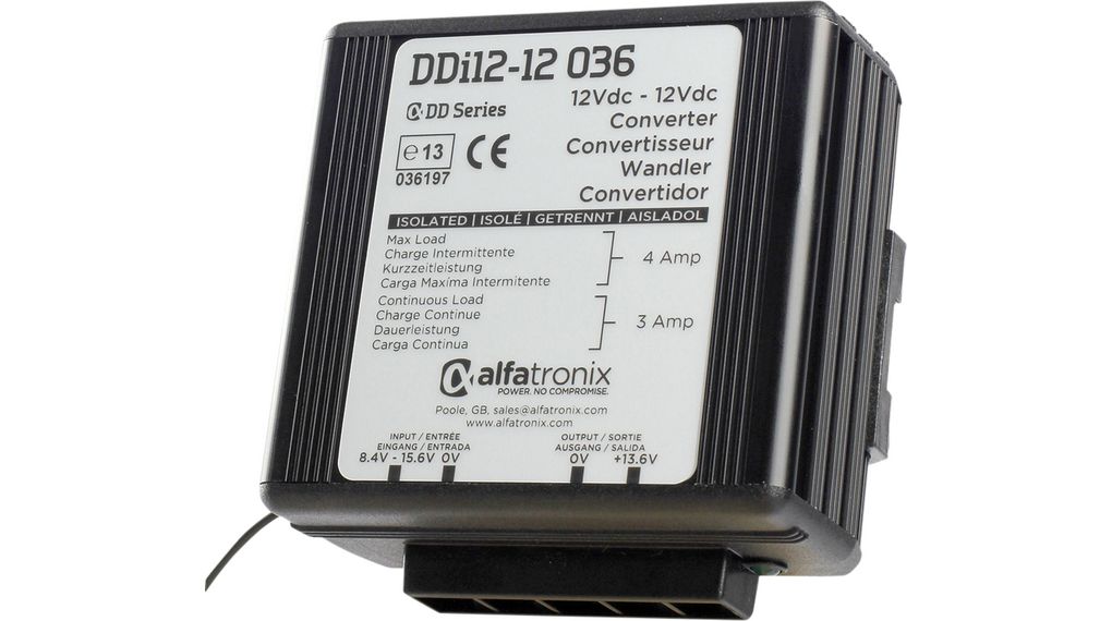 Alfatronix DD DC-DC Converter, 13.6V dc/ 3A Output, 8.4 → 15.6 V dc Input, 36W, Clip Mount, +30°C Max Temp -25°C