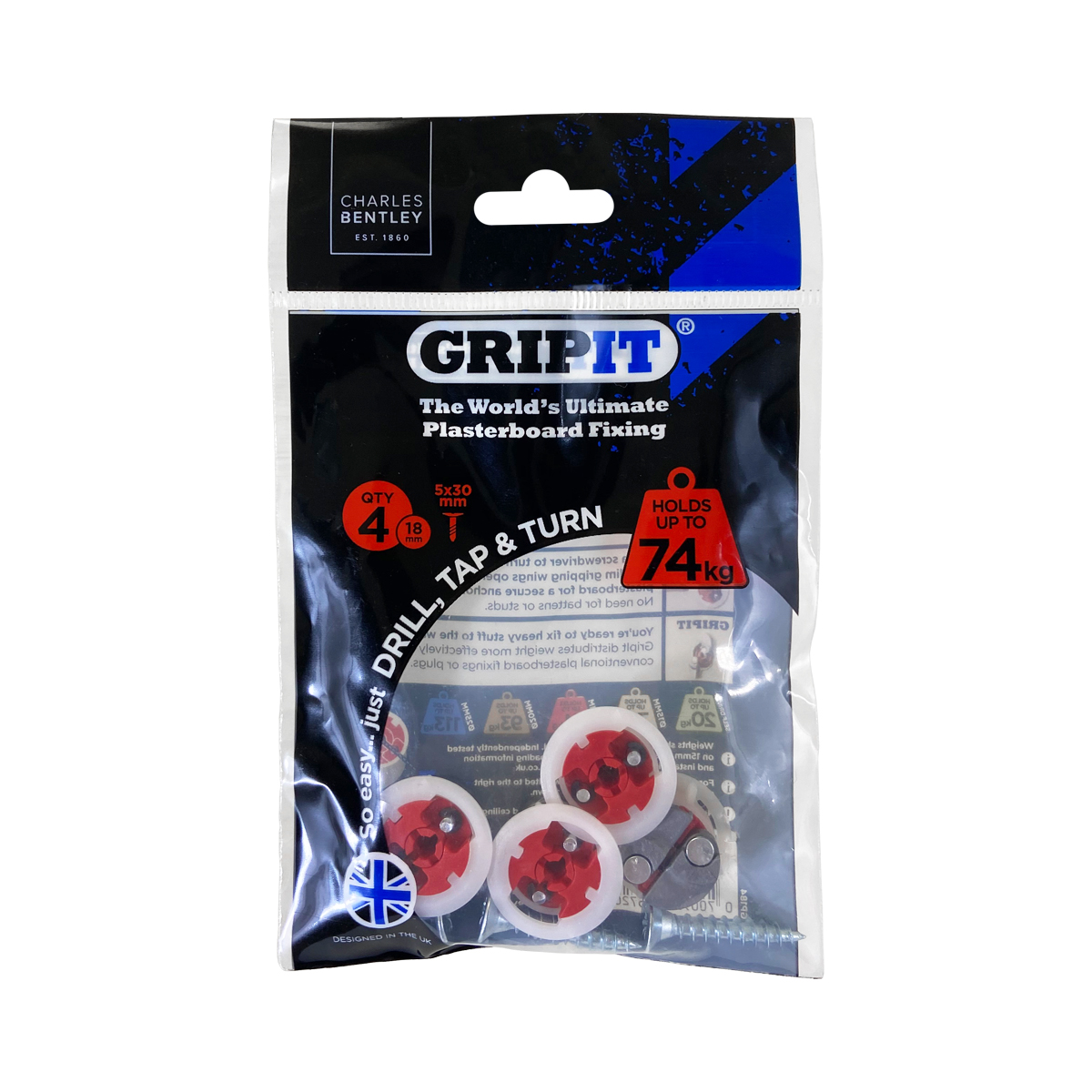 Gripit Red Plastic, Steel Plasterboard Fixings, 18mm fixing hole diameter