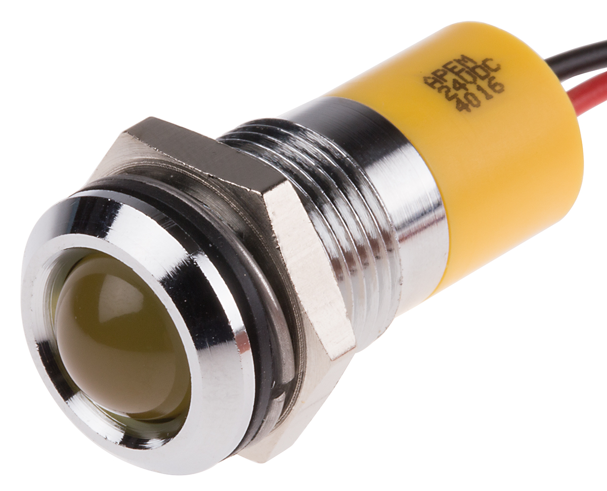 RS PRO Yellow Panel Mount Indicator, 24V dc, 14mm Mounting Hole Size, Lead Wires Termination, IP67