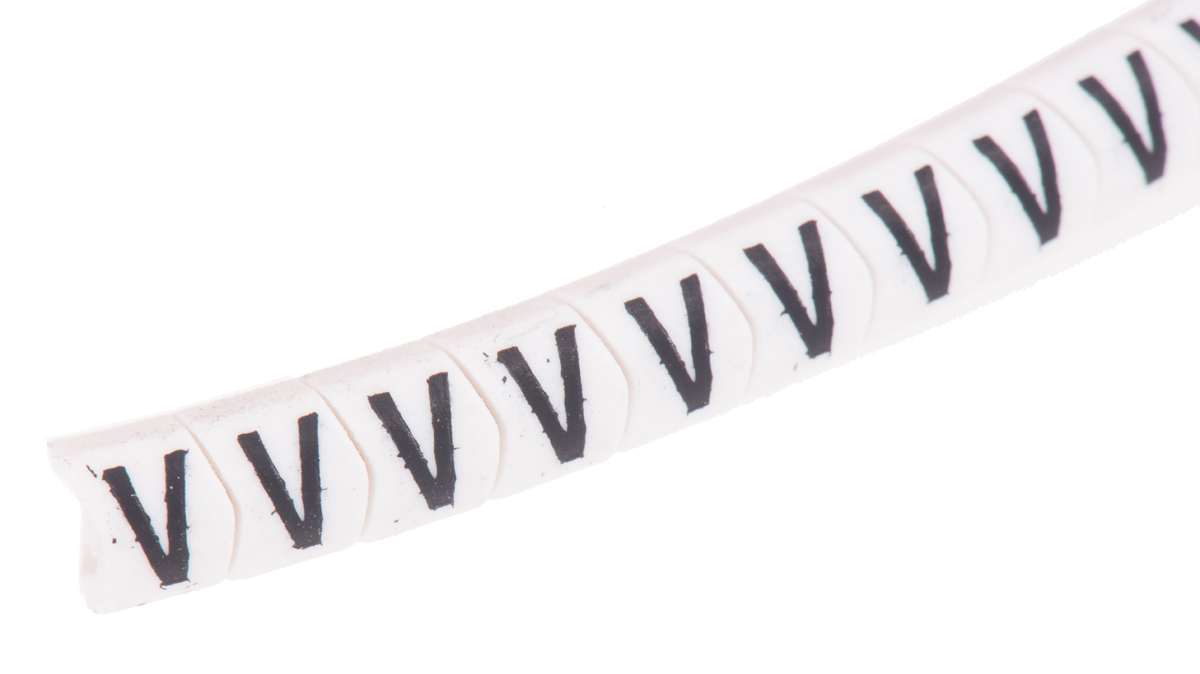 HellermannTyton Helagrip Slide On Cable Marker, Black on White, Pre-printed "V", 2 → 5mm Cable, 901-10447