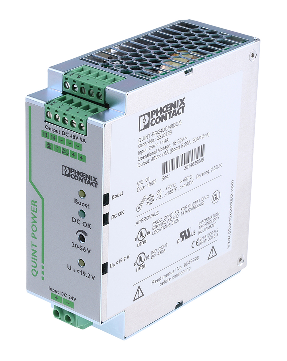 Phoenix Contact QUINT-PS/24DC/48DC/5 DC-DC Converter, 48V dc/ 5A Output, 18 → 32 V dc Input, 240W, DIN Rail