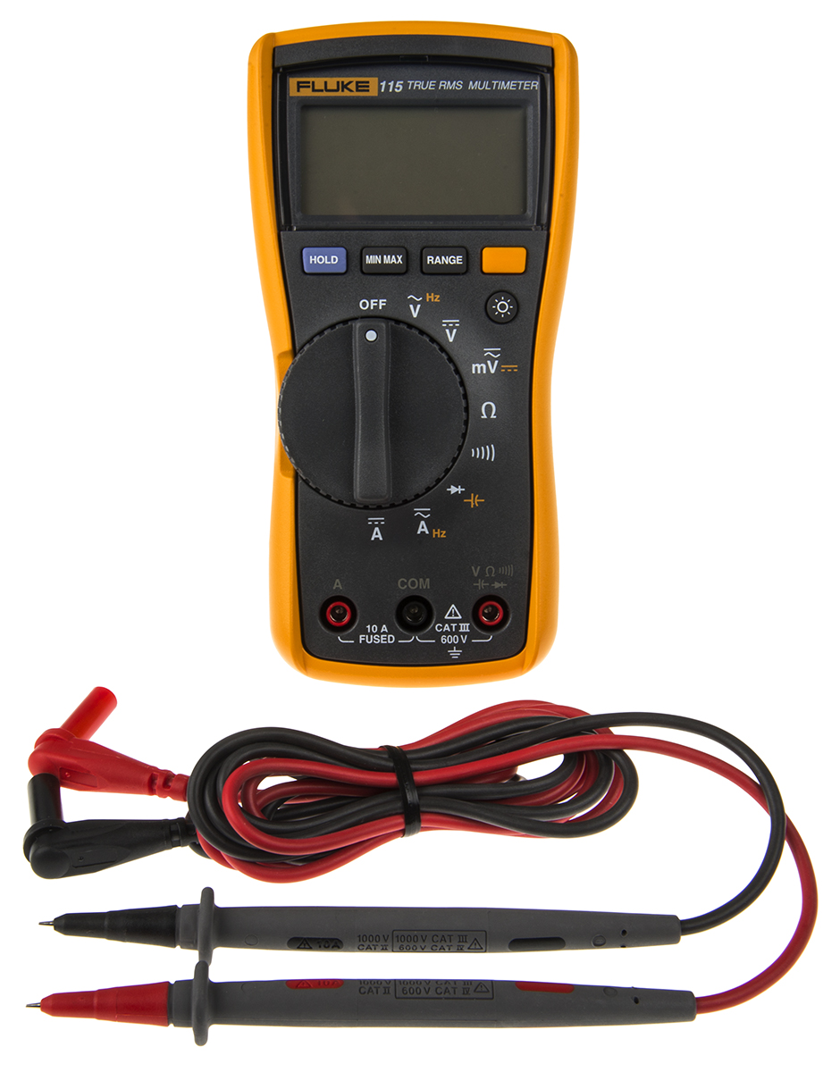 Fluke 115 Handheld Digital Multimeter, True RMS, 10A ac Max, 10A dc Max, 600V ac Max
