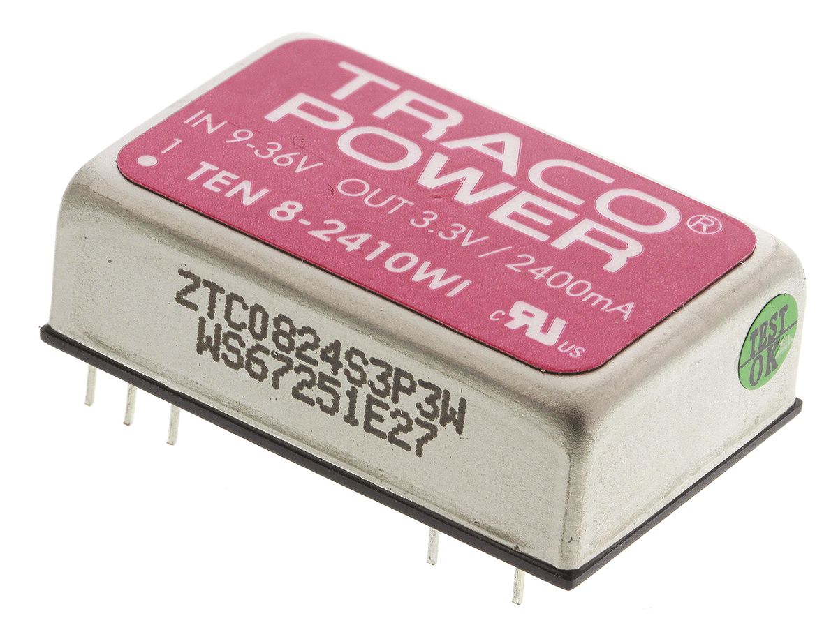 TRACOPOWER TEN 8WI DC-DC Converter, 3.3V dc/ 2.4A Output, 9 → 36 V dc Input, 8W, Through Hole, +85°C Max Temp