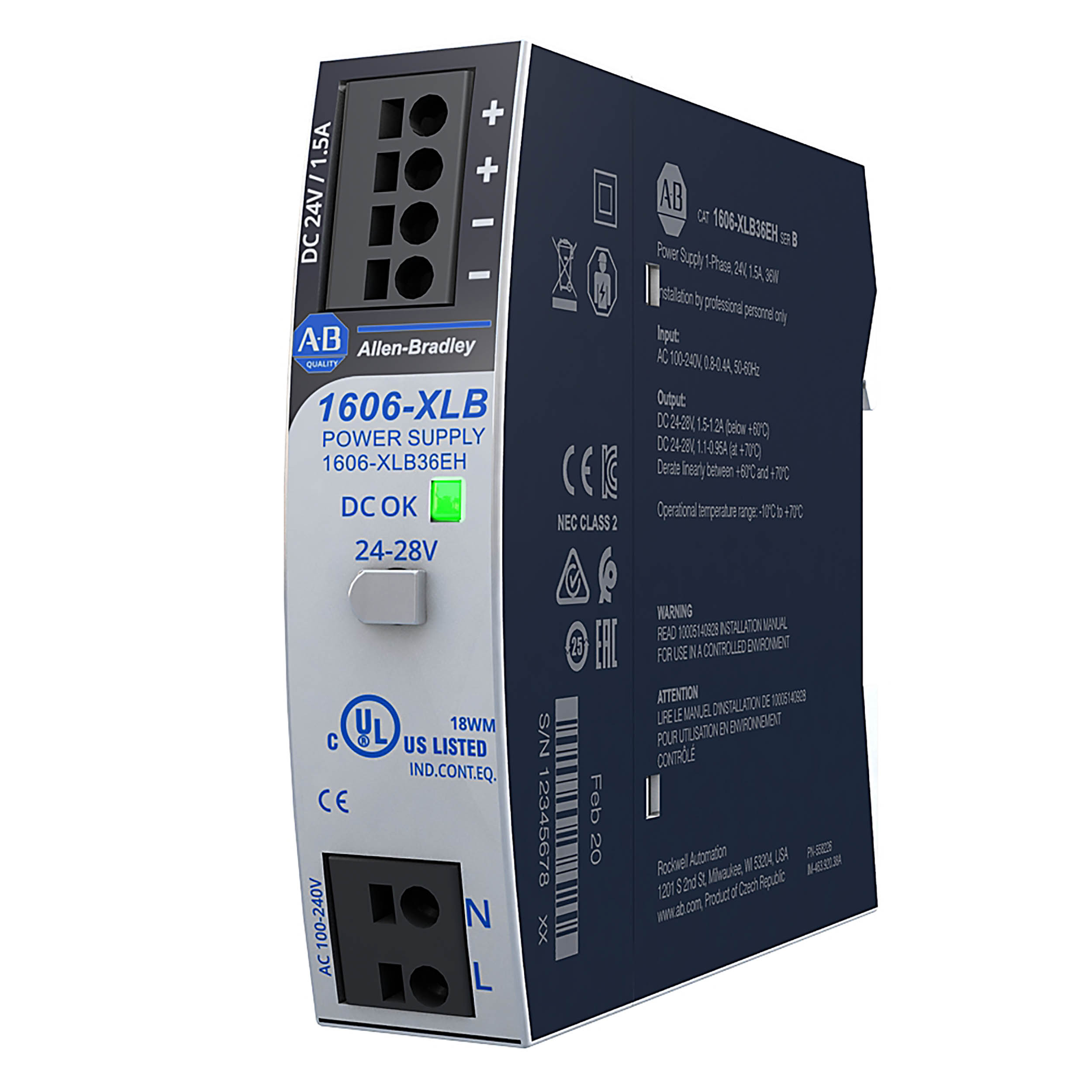Allen Bradley 1606 Switched Mode DIN Rail Power Supply, 100 → 240 V ac, 110 → 300 V dc ac, dc Input, 24V