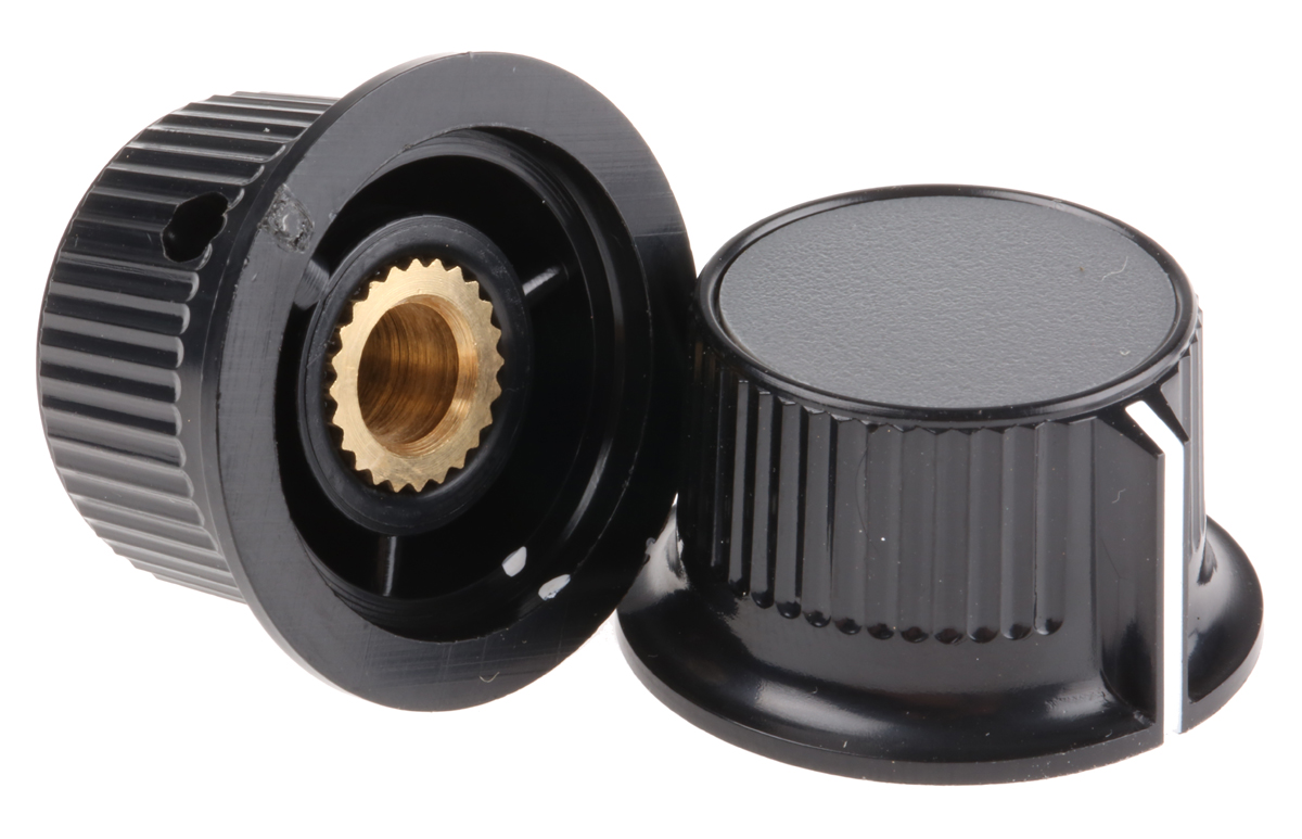RS PRO 28mm Black, Grey Potentiometer Knob for 6mm Shaft Splined