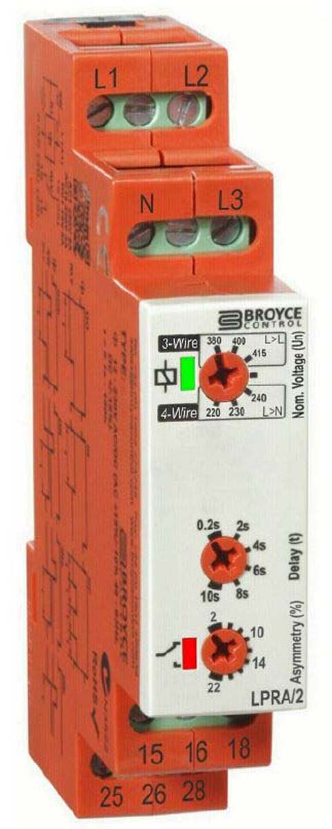 Broyce Control Phase, Voltage Monitoring Relay, 3 Phase, DPDT, 243 → 540 V, DIN Rail