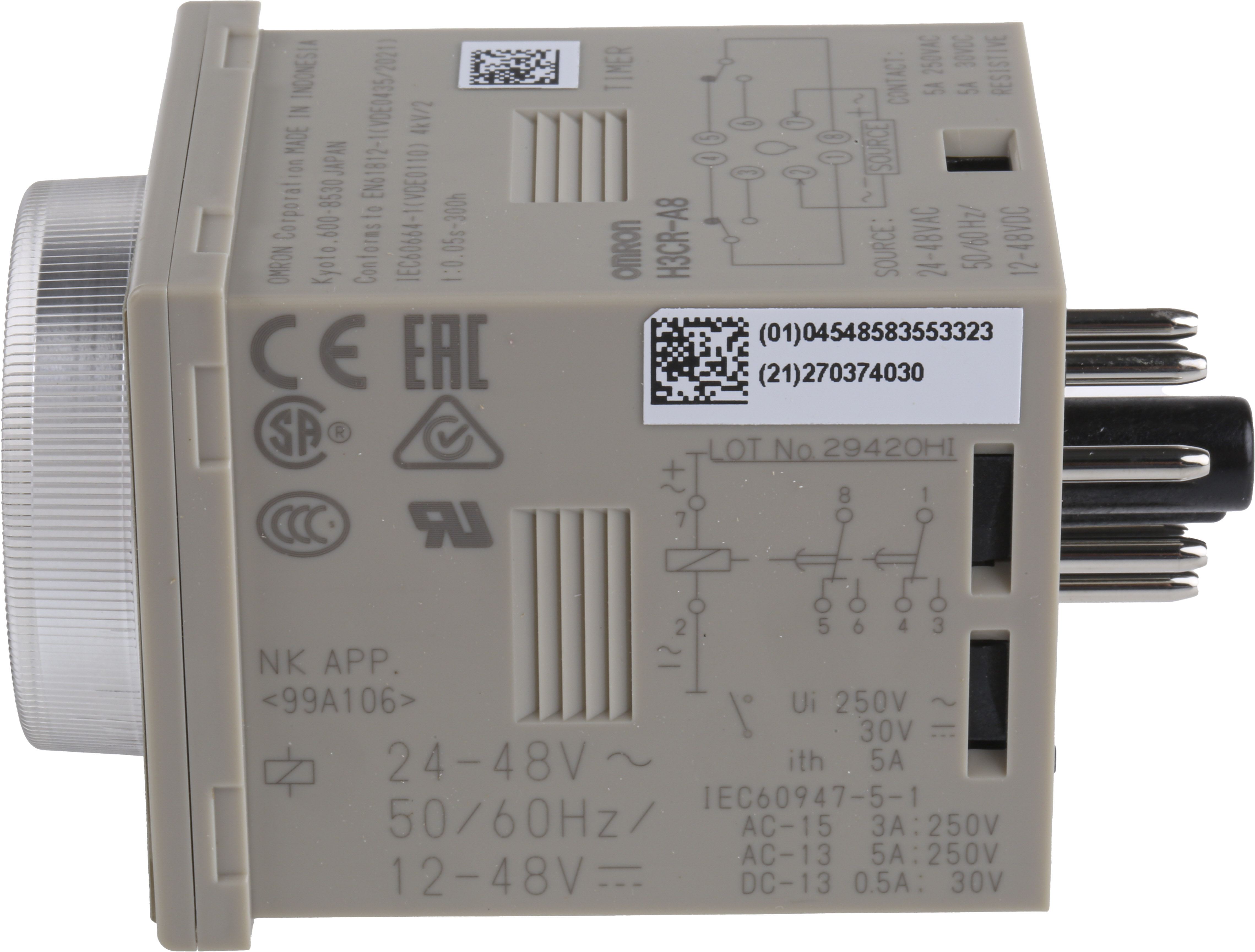 Omron H3CR Series DIN Rail, Panel Mount Timer Relay, 12 → 48 V dc, 24 → 48V ac, 2-Contact, 0.05 s
