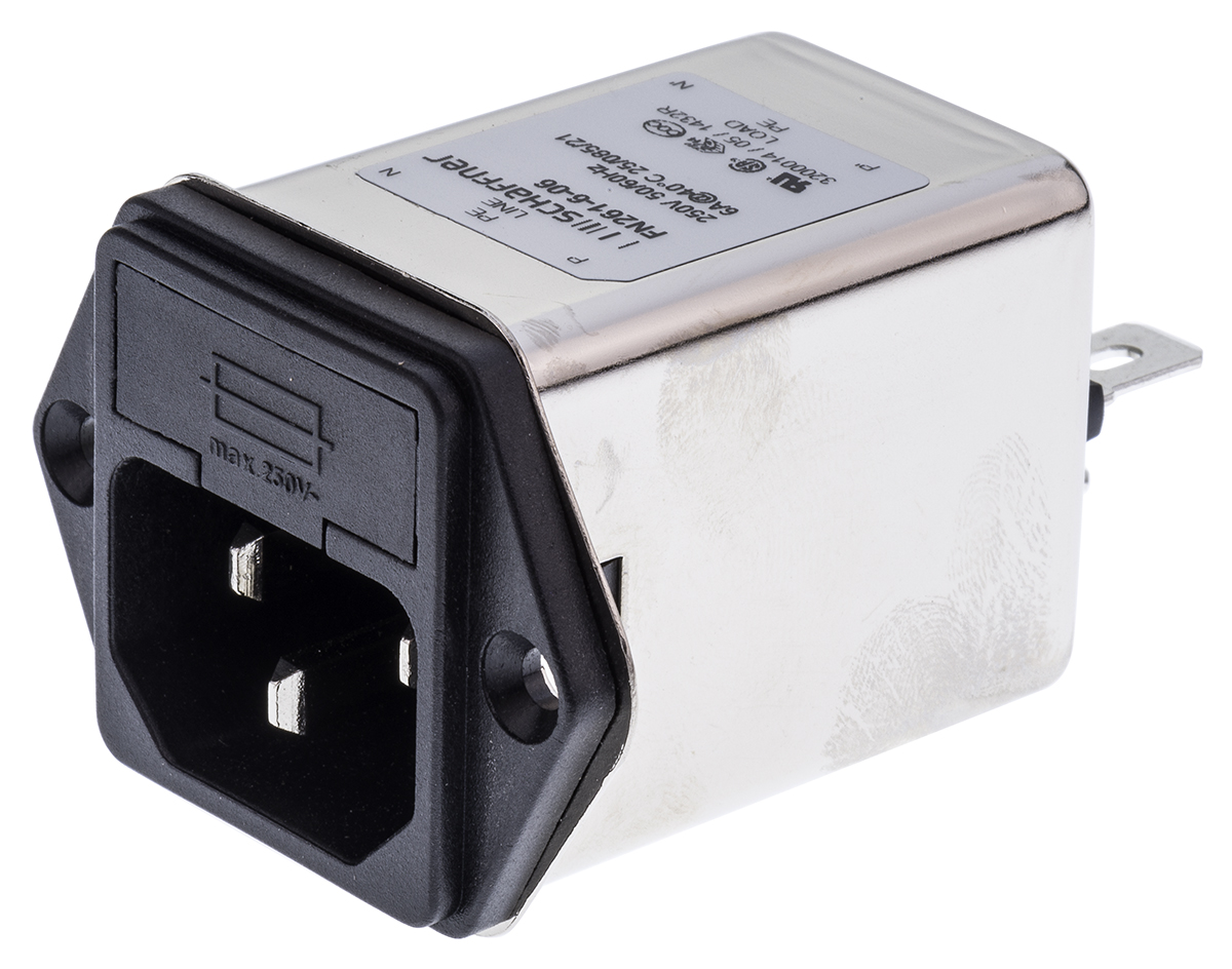 Schaffner 6A, 250 V ac Male Panel Mount IEC Filter FN261-6-06, Faston 1 Fuse