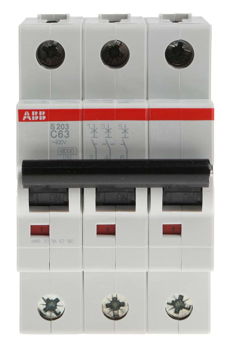 ABB System Pro M Compact S200 MCB, 3P, 63A Curve C, 400V AC, 12V DC, 6 kA Breaking Capacity