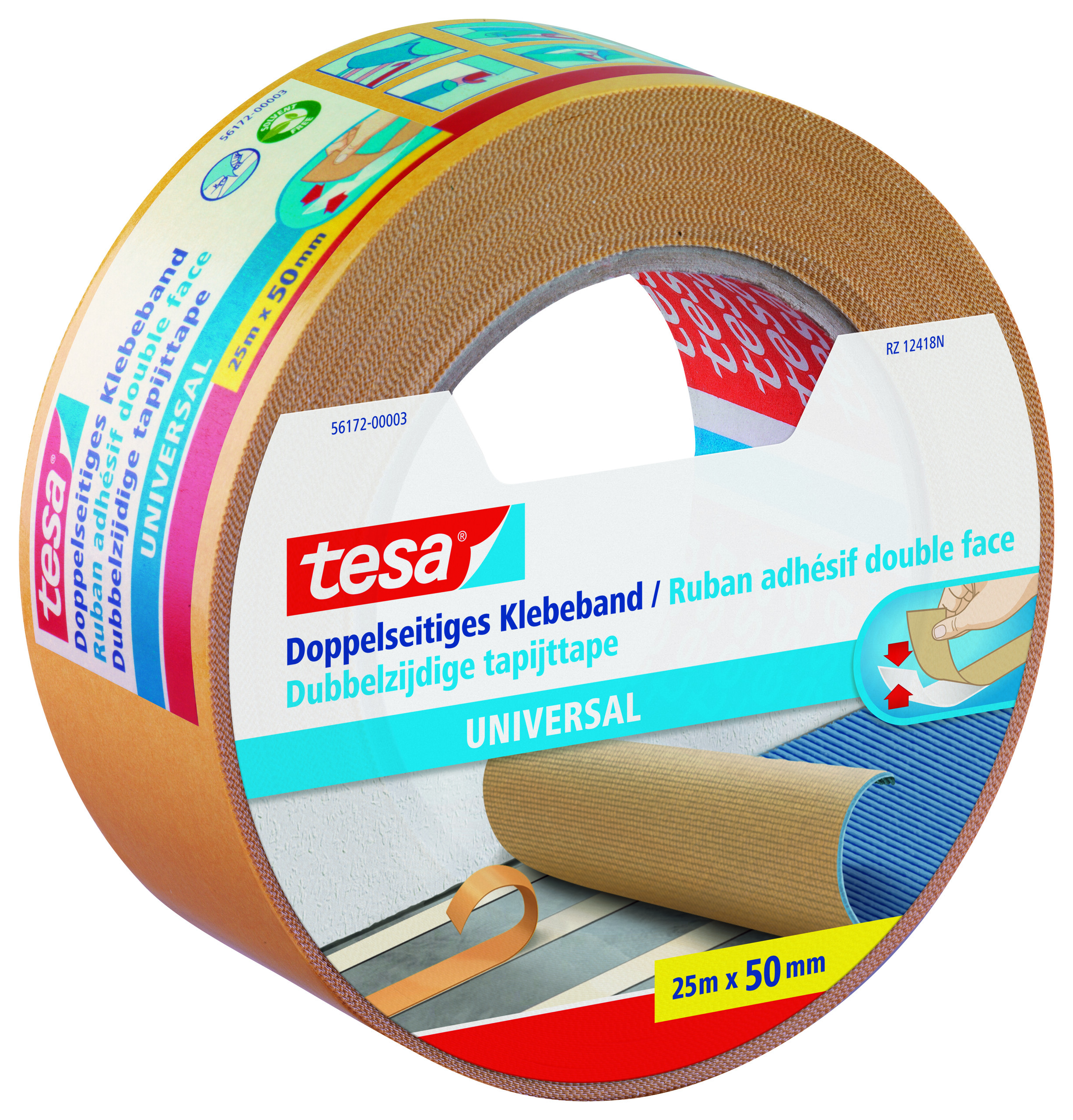 Tesa 56172 White Double Sided Adhesive Square, 0.185mm Thick, PP Backing, 50mm x 25m