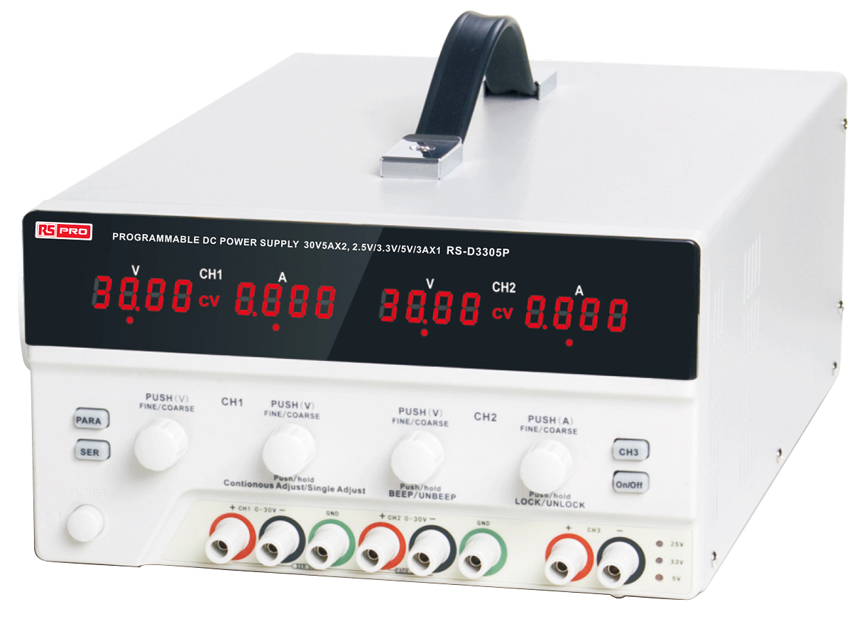 RS PRO Digital Bench Power Supply, 0 → 30V, 0 → 5 (Adjustable) A, 3(Fixed) A, 3-Output - UKAS Calibrated
