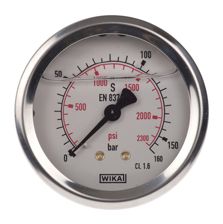 WIKA G 1/4 Analogue Pressure Gauge 160bar Back Entry 63mm Outside Diameter, UKAS