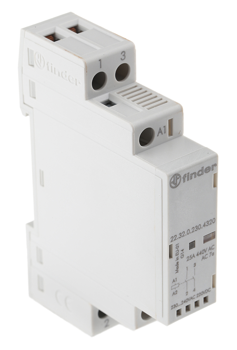 Finder 22 Contactor, 240 V ac Coil, 2-Pole, 25 A, 2.2 W, 2NO, 440 V