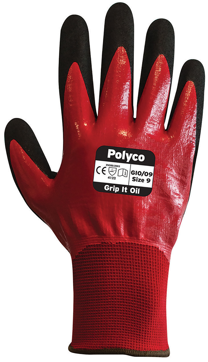 Polyco Healthline Grip It Red Nitrile Work Gloves, Size 11, Nitrile Foam Coating