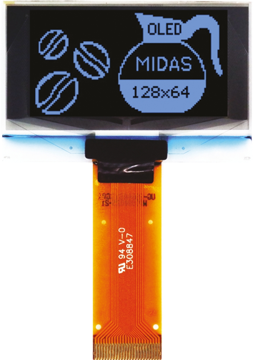 Midas 1.54in Blue Passive matrix OLED Display 128 x 64pixels TAB I2C, Parallel, SPI Interface