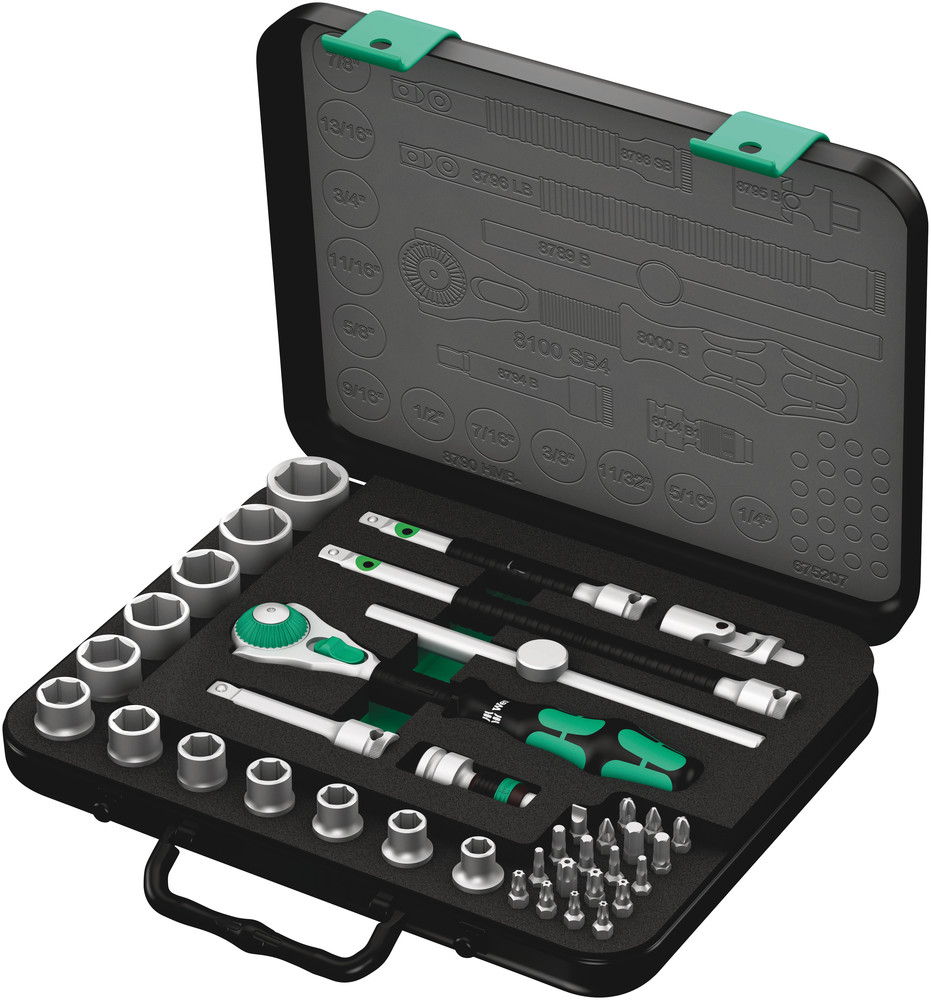 Wera 38-Piece Imperial 3/8 in Standard Socket/Bit Set with Ratchet, 6 point; Hex Bit; Phillips Bit; Pozidriv Bit;