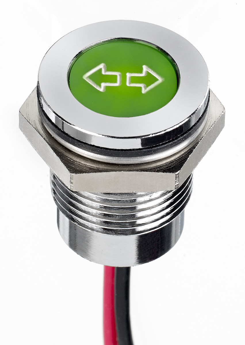Apem Green Panel Mount Indicator, 12V dc, 14mm Mounting Hole Size, Lead Wires Termination, IP67