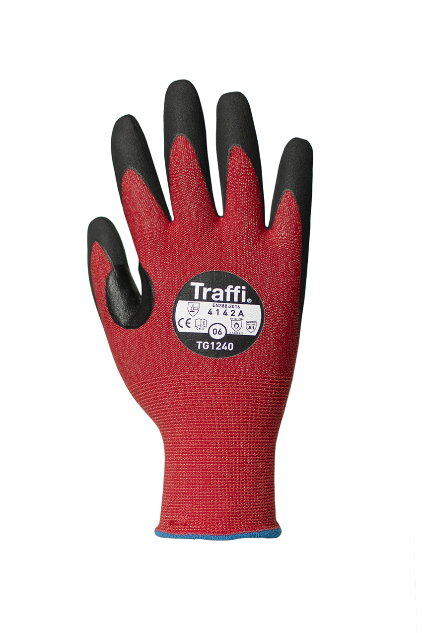 Traffi Red Elastane, Nylon Nitrile, Nylon Cut Resistant Gloves, Size 6