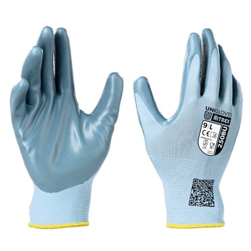 Unigloves Nitrex 250BU Blue Polyester Work Gloves, Size 10, Nitrile Coating