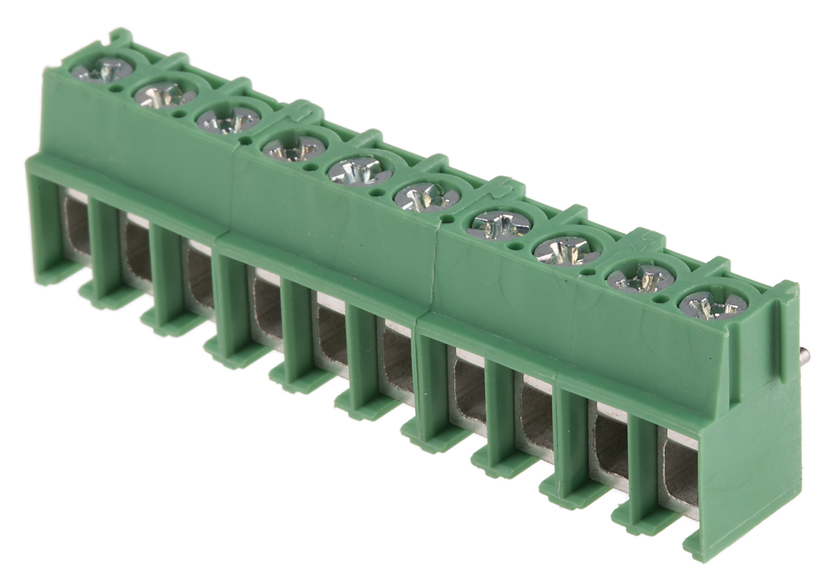 Phoenix Contact PT 2.5/10-5.0-V Series PCB Terminal Block, 5mm Pitch, Through Hole Mount, 1-Row, Screw Termination