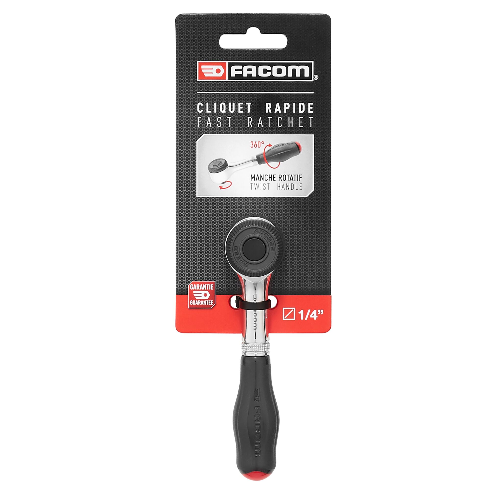 Facom R.360PB 1/4 in Square Ratchet with Bi-material Elastomer Handle, 106 mm Overall