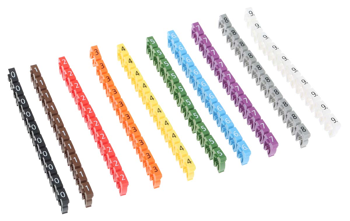 HellermannTyton WIC3 Snap On Cable Markers, assorted colours, Pre-printed "0 → 9", 4.3 → 5.3 Cable,
