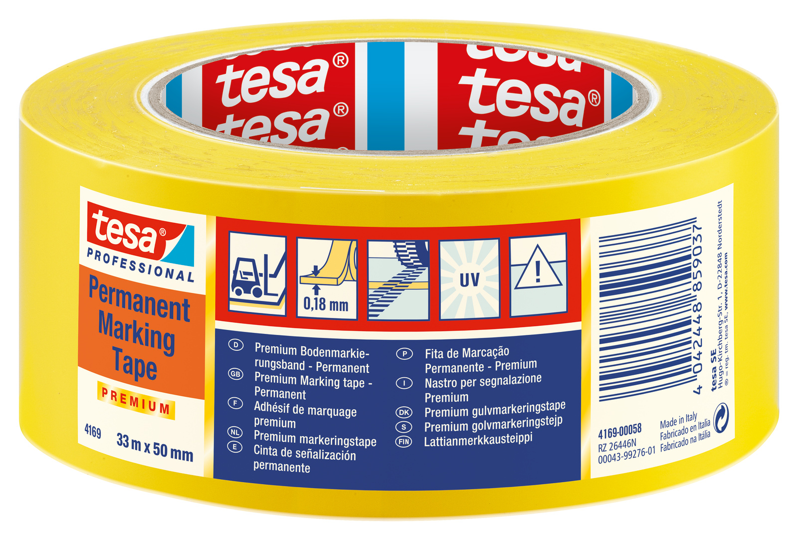 Tesa 4169 Yellow Soft PVC 33m Lane Marking Tape, 0.18mm Thickness
