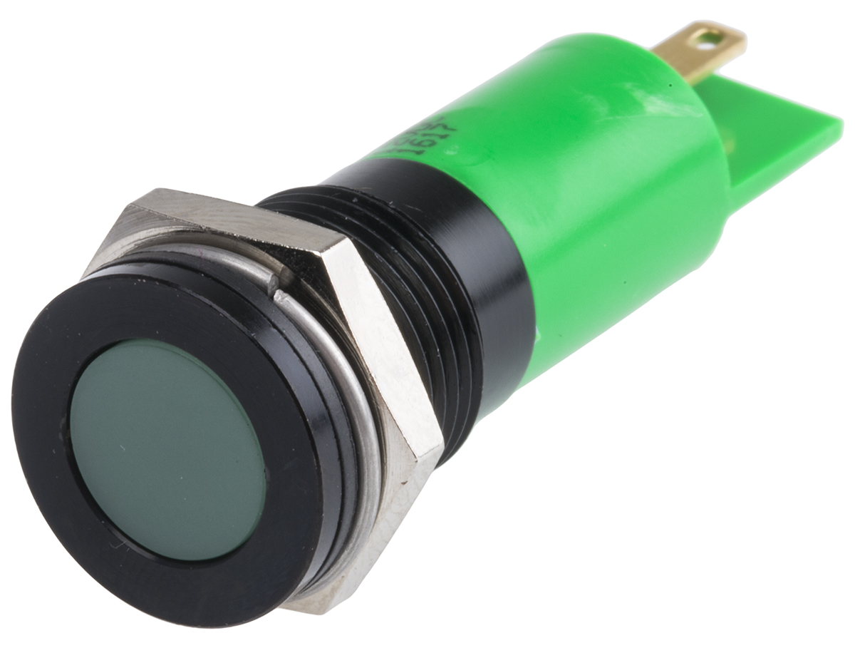 RS PRO Green Panel Mount Indicator, 12V dc, 14mm Mounting Hole Size, Solder Tab Termination, IP67
