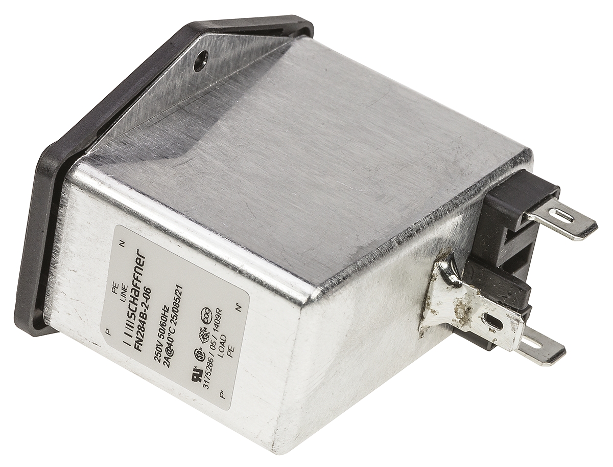 Schaffner 2A, 250 V ac Male Panel Mount IEC Inlet Filter FN284B-2-06, Faston 2 Fuse