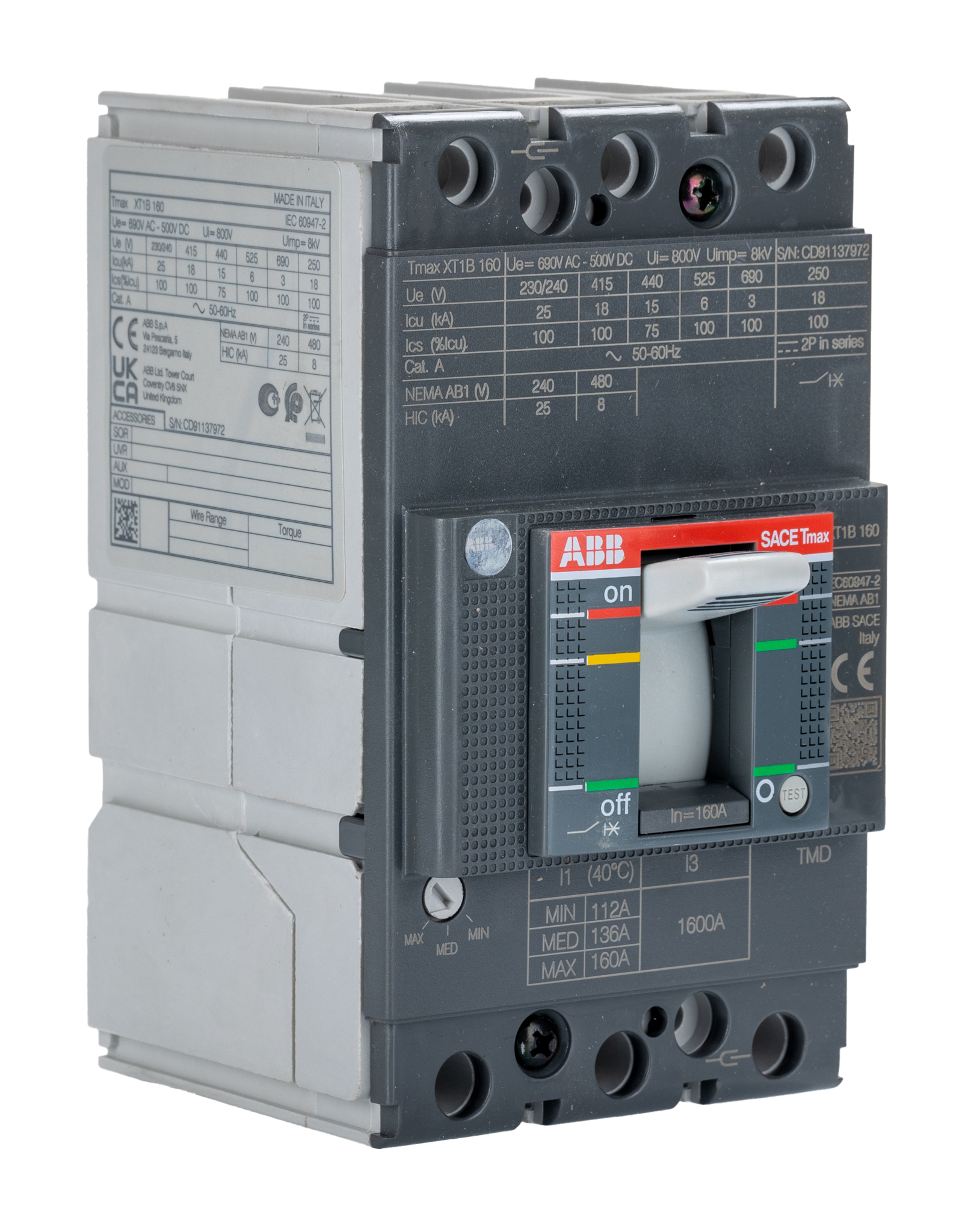 ABB, SACE Tmax XT MCCB Molded Case Circuit Breaker 3P 160A, Breaking Capacity 3 kA, Fixed Mount