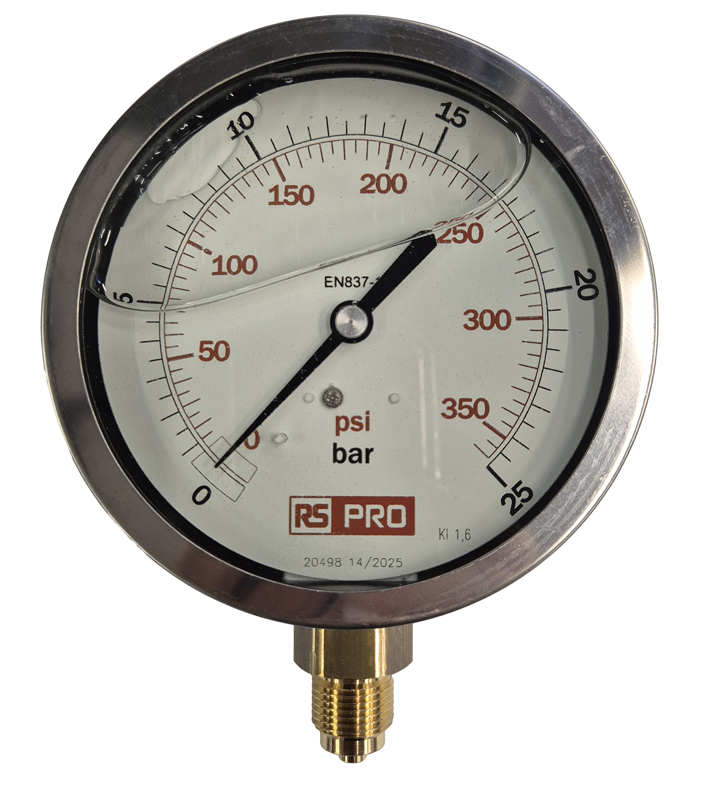 RS PRO BSP 3/8 Analogue Pressure Gauge 25bar Bottom Entry 100mm Outside Diameter