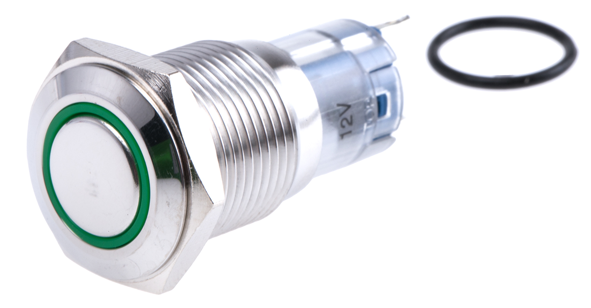 RS PRO Illuminated Push Button Switch, Momentary, Panel Mount, 16mm Cutout, SPDT, Green LED, 250V ac, IP65, IP67