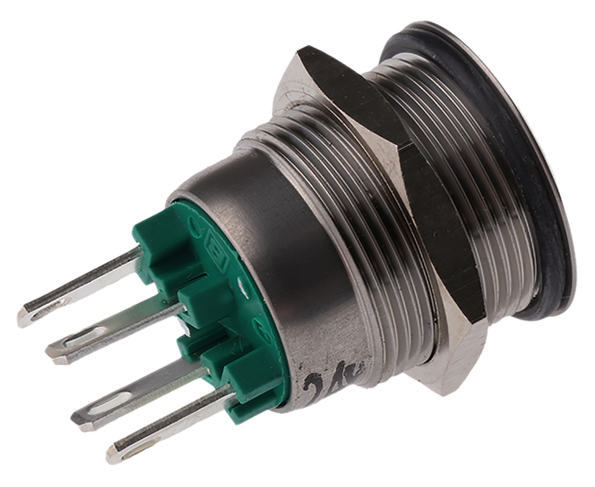 Bulgin MPI002 Series Illuminated Push Button Switch, Momentary, Panel Mount, 19.2mm Cutout, SPST, Green LED, 24V dc,