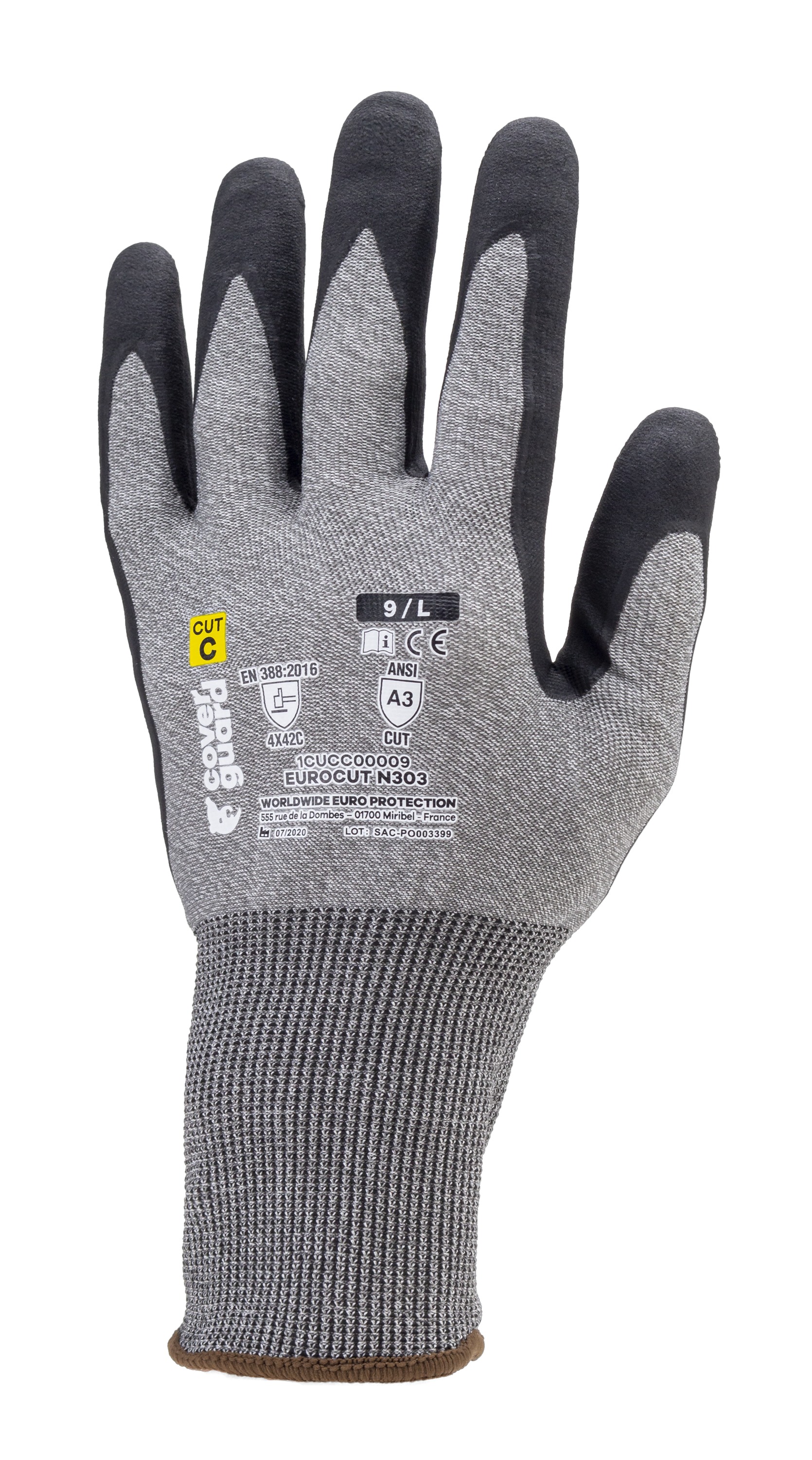 Coverguard EUROCUT N303 Black, Grey High Performance Polyethylene, Polyester Work Gloves, Size 7, Nitrile Coating