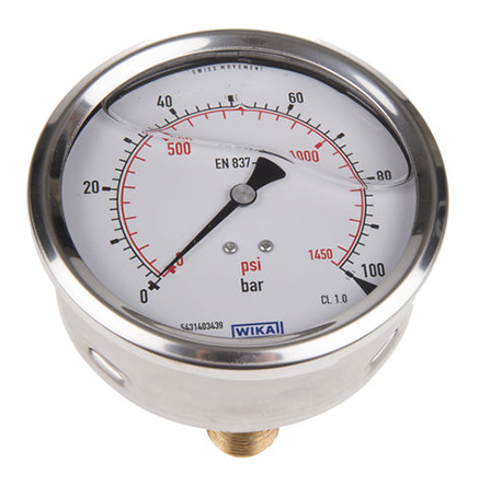 WIKA Analogue Pressure Gauge 100bar Back Entry 100mm Outside Diameter, UKAS