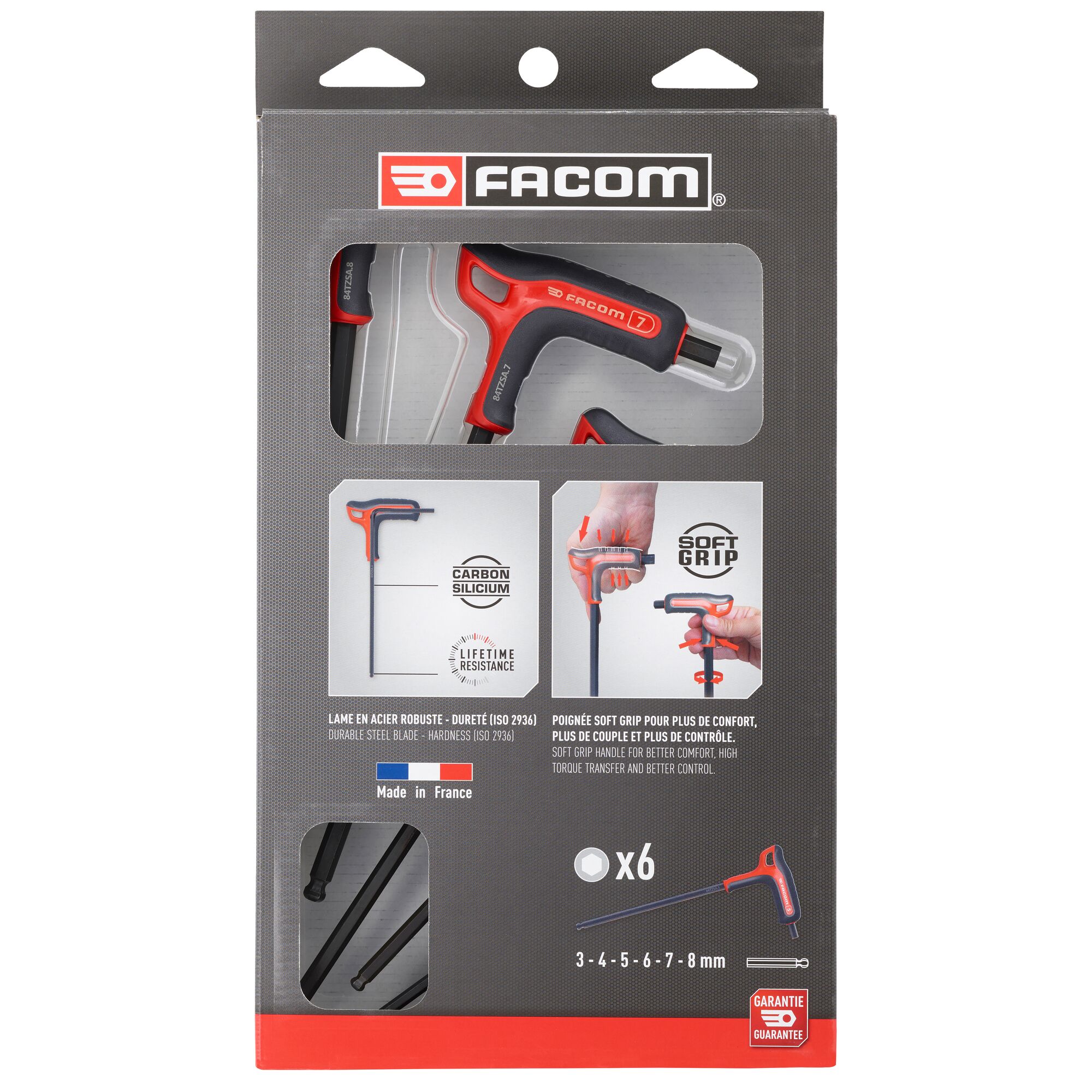 Facom 6 piece T Shape Metric Hex Key Set, 3 - 4 - 5 - 6 - 7 - 8mm