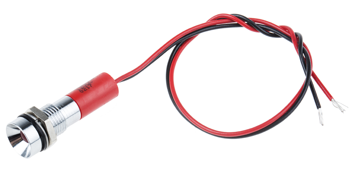 RS PRO Red Panel Mount Indicator, 12V dc, 6mm Mounting Hole Size, Lead Wires Termination, IP67
