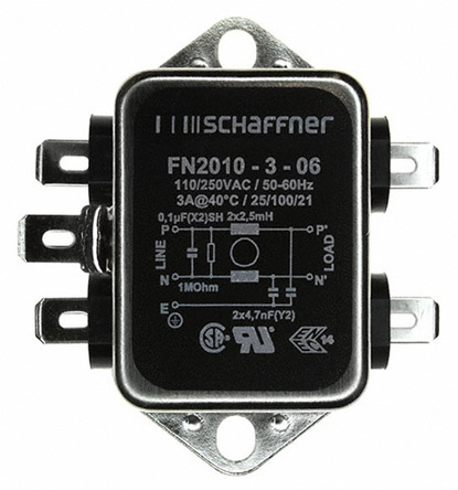 Schaffner, FN2010 3A 250 V ac/dc 0 → 400Hz, Chassis Mount EMI Filter, Fast-On, Single Phase