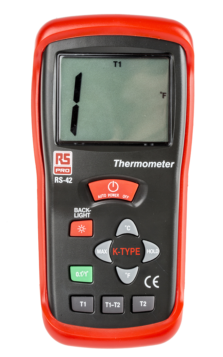 RS PRO RS42 Wired Digital Thermometer, K Probe, 2 Input(s), +1300 °C, +2000°F Max, ±0.5% + 1 °C, ±0.5% + 2 °F Accuracy