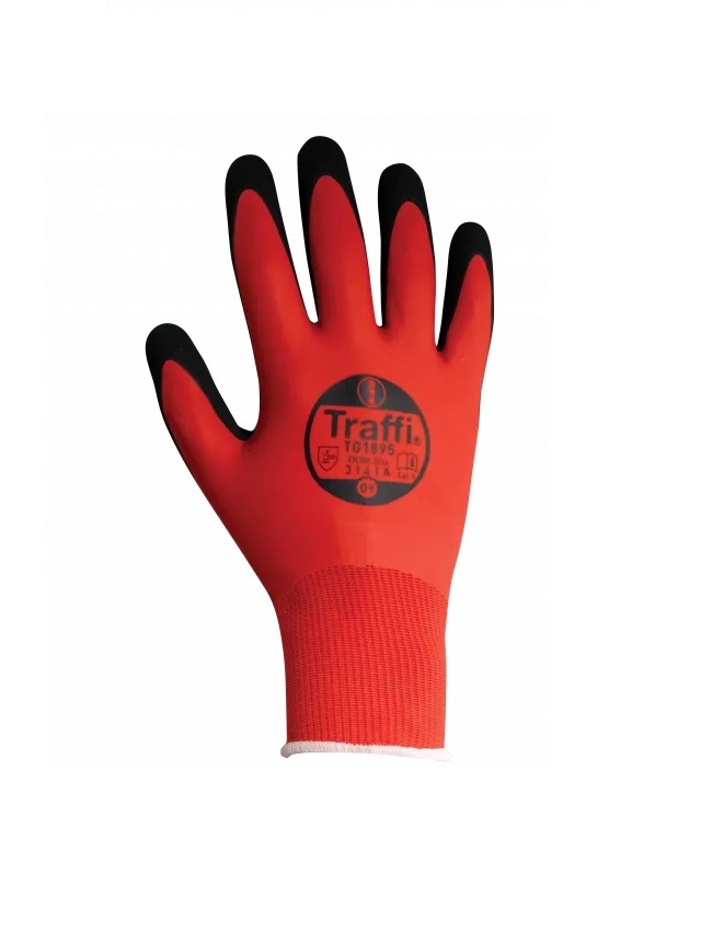 Traffi TG1895 Red Elastane, Polyester Elastane, Nylon Work Gloves, Size 10, Nitrile Foam Coating