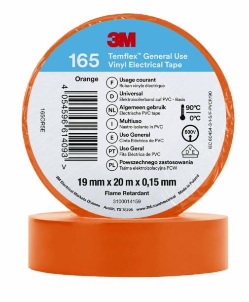 3M Temflex 165 Orange Vinyl Electrical Tape, 19mm x 20m