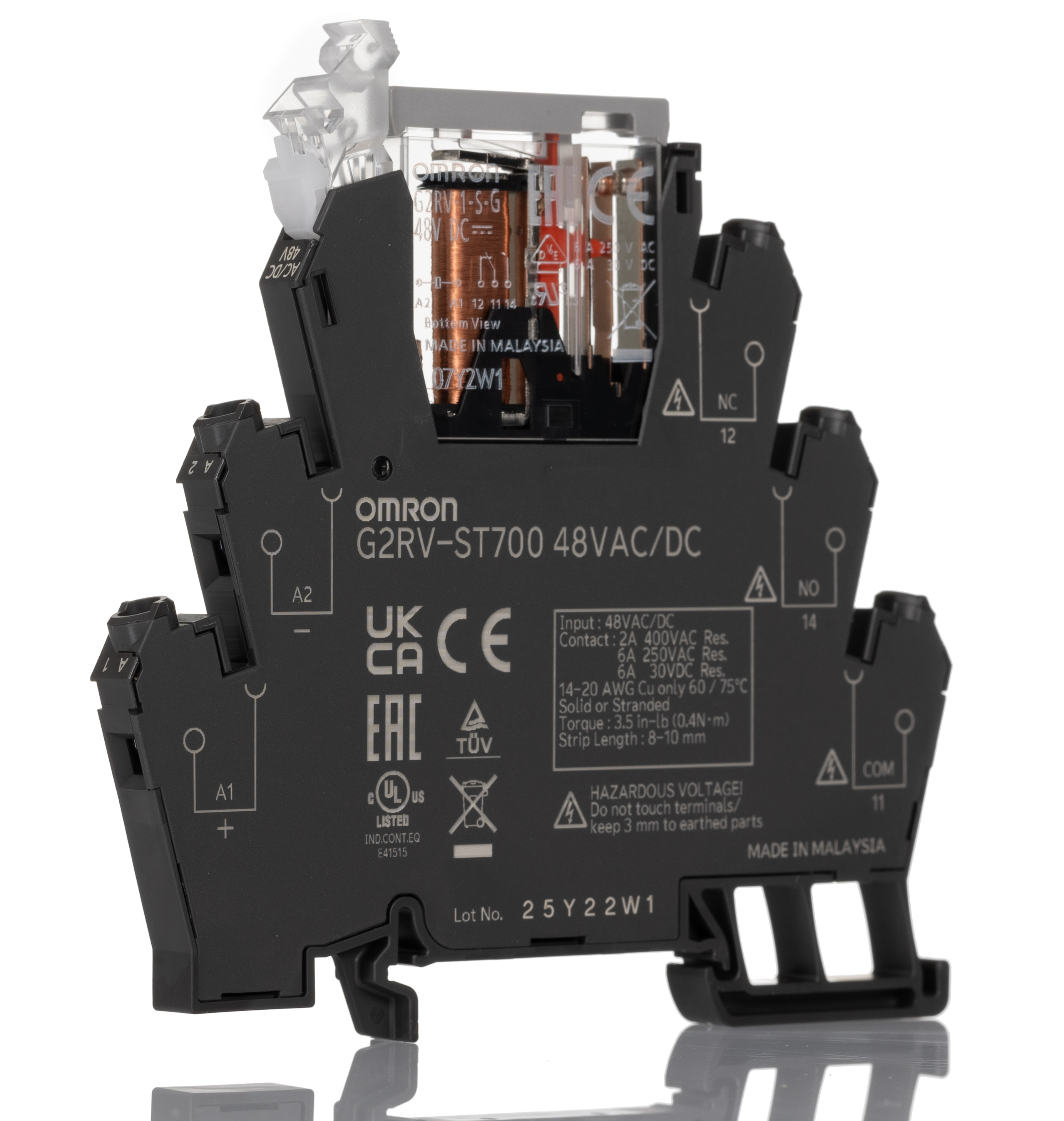 Omron G2RV-ST Series Electromechanical Interface Relay, DIN Rail Mount, 48V ac/dc Coil, SPDT, 1-Pole, 6A Load