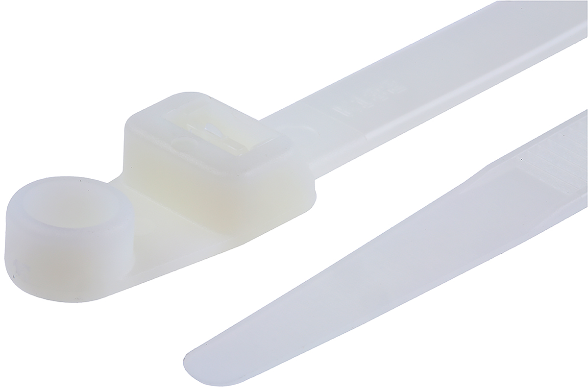 RS PRO Cable Tie, Screw Mount, 317.2mm x 7.8 mm, Natural Nylon, Pk-100
