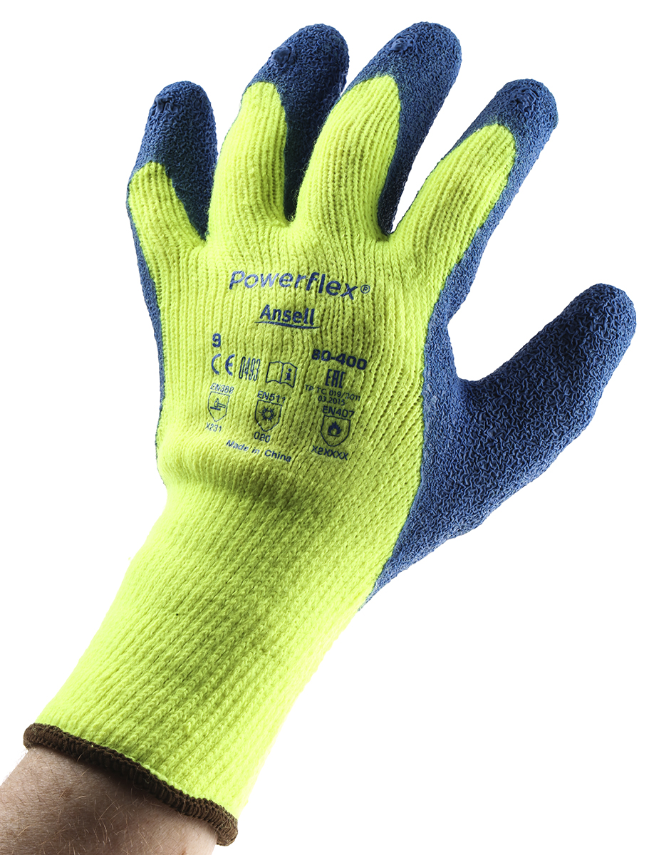 Ansell PowerFlex Yellow Acrylic Work Gloves, Size 9, Latex Coating