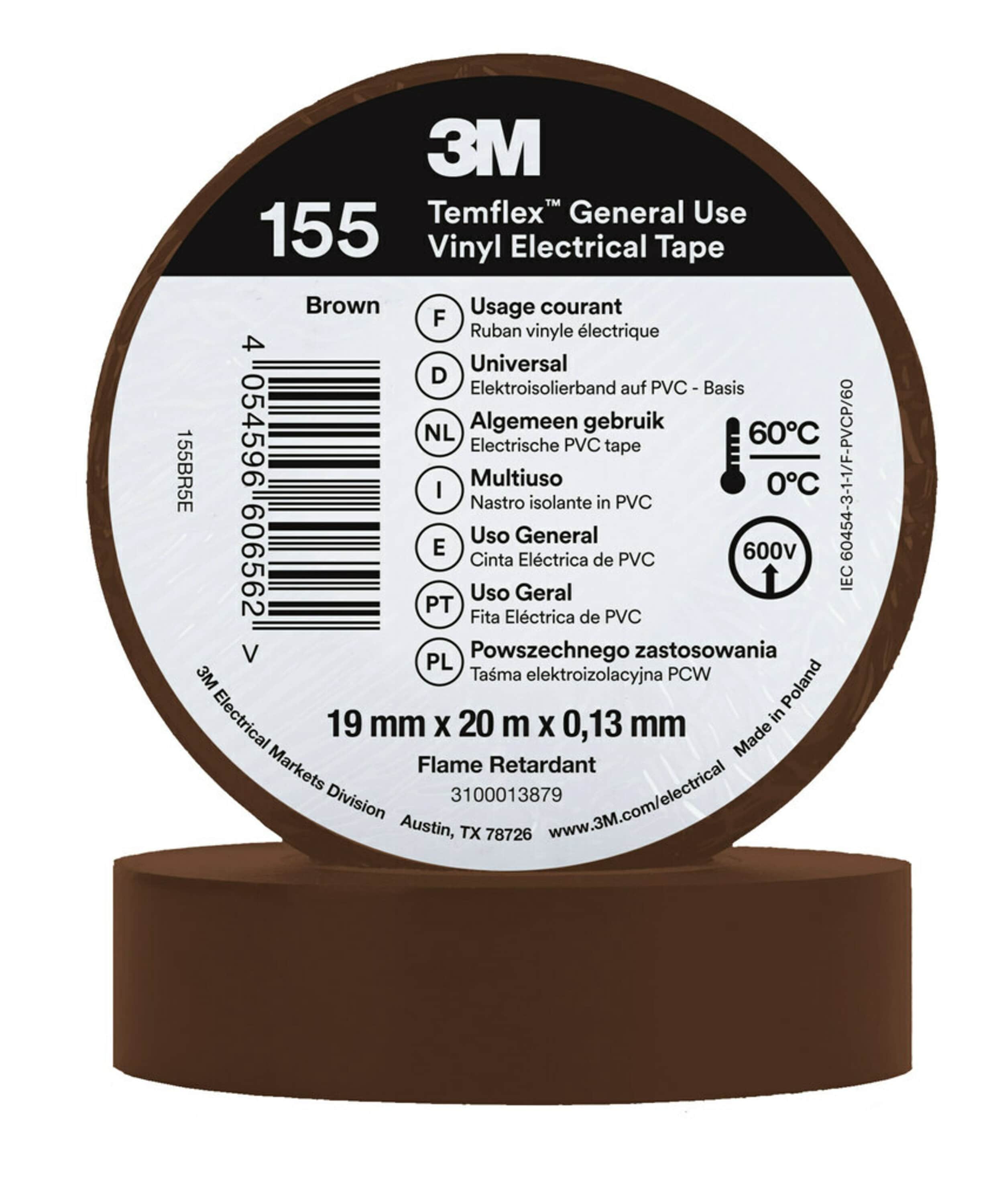 3M Temflex 155 Brown Vinyl Electrical Tape, 19mm x 20m