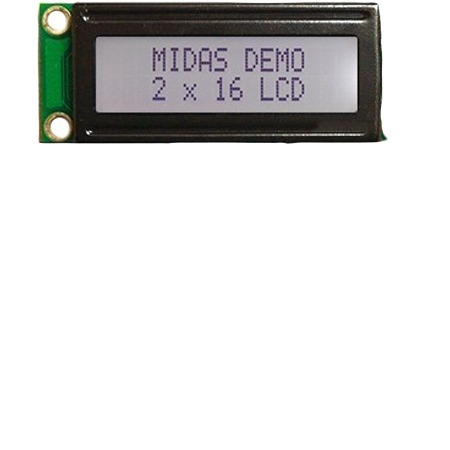 Midas MC21603A6W-FPTLW-V2 Alphanumeric LCD Display, Black on White, 2 Rows by 16 Characters, Transflective