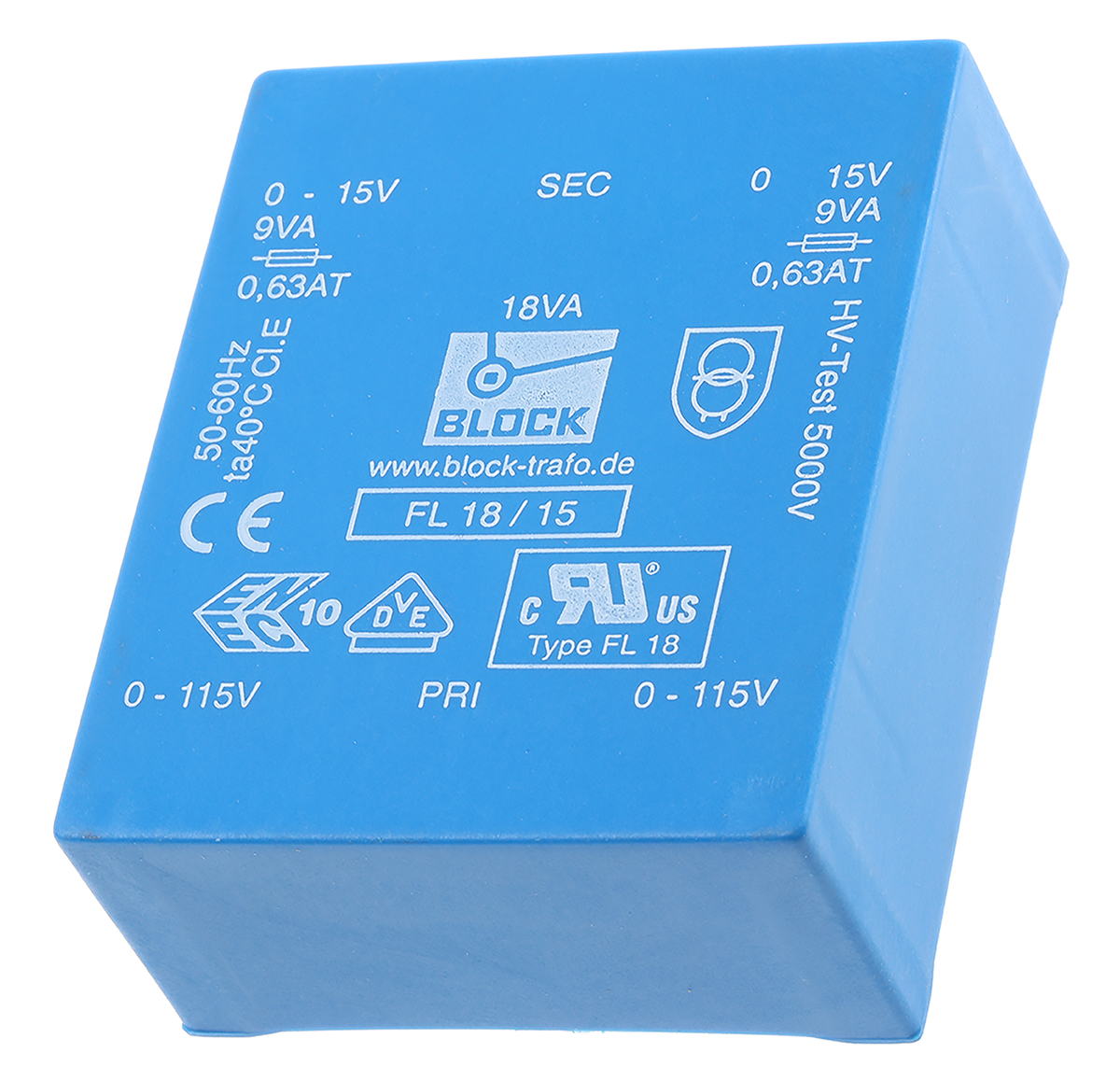 Block 15V ac 2 Output Through Hole PCB Transformer, 18VA