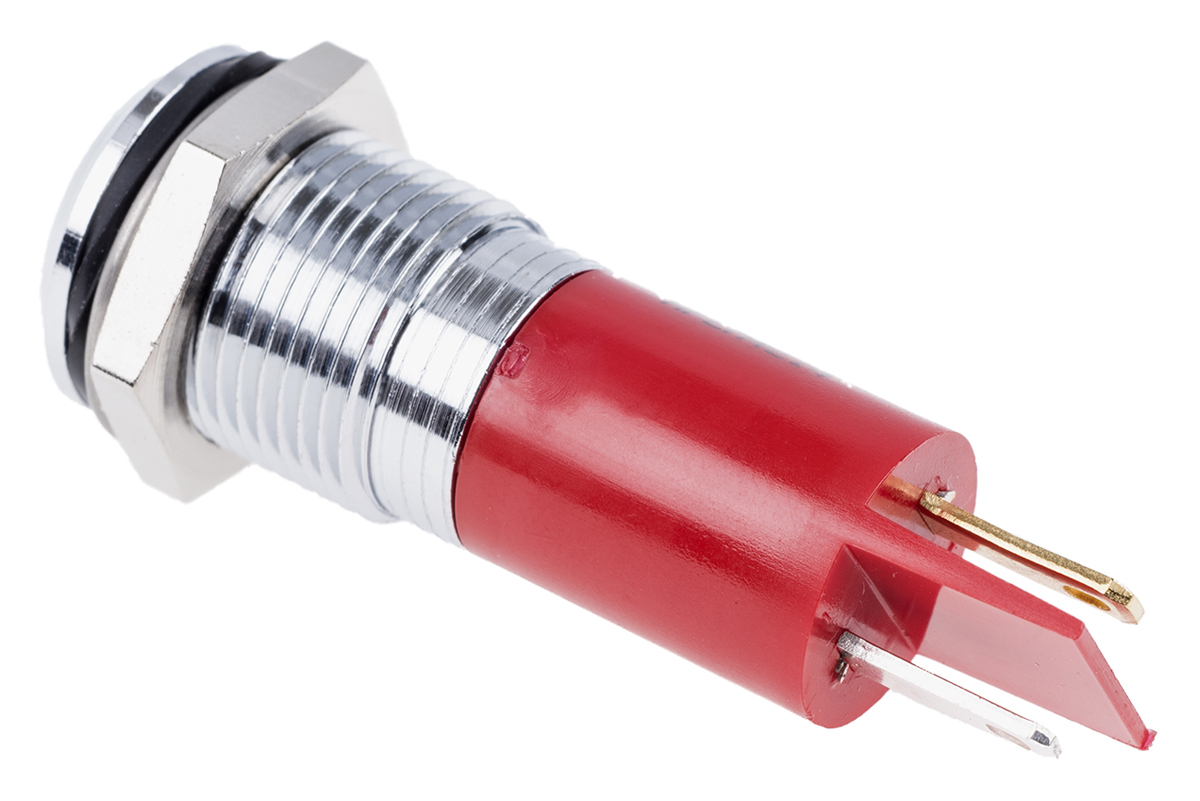 RS PRO Red Panel Mount Indicator, 110V ac, 14mm Mounting Hole Size, Faston, Solder Lug Termination, IP67
