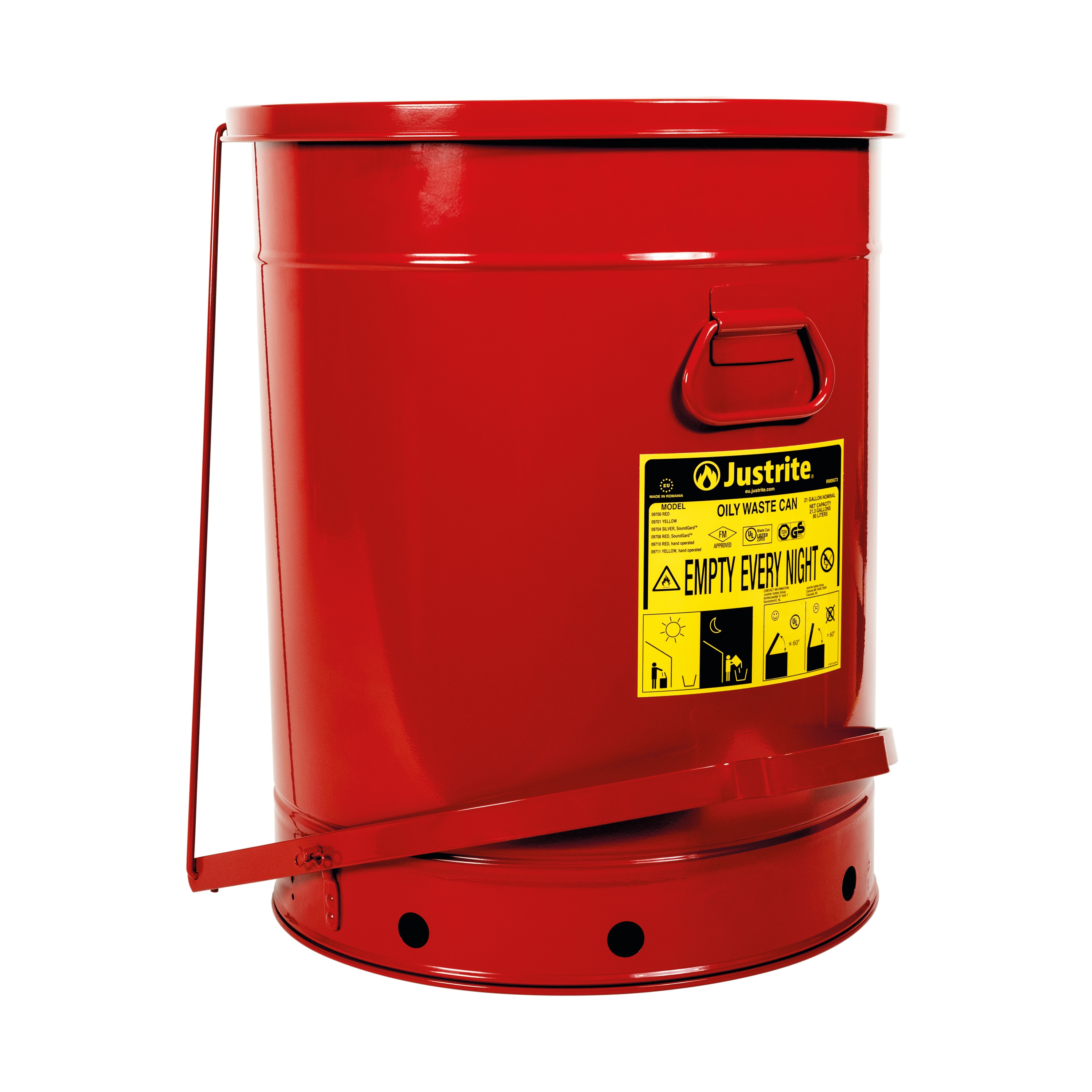 Justrite Safety Cans 80L Red Pedal Steel Flammable Waste Can